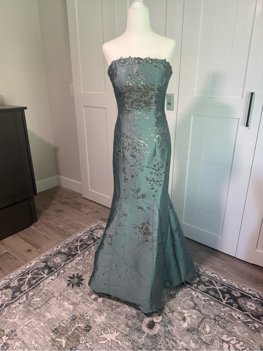 Rene Ruiz Sage Green Embroidered Evening Gown